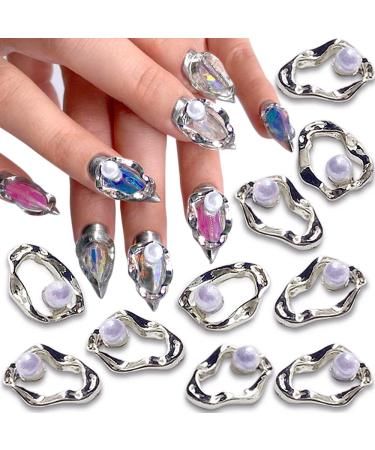 10pcs 3D Irregular Metal Frame Pearl Nail Charms for Acrylic Nails Retro Pearls Alloy Nail Charms Hollow Out Metallic Nail Art Charms Nail Jewels for Nail Art Punk Nail Accessories Women Nail Supplies silver