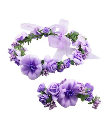 Crown Headbands Flower Wreath Garland Headbands Hair Wreath with Bracelet for Wedding Festival Party (Purple) Violet