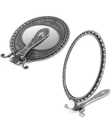 SEHAMANO Vintage Double Sided Handheld Makeup Metal Mirror with Pearl Decoration - Portable Folding Handle, Matt Grey - Buy Online on GoSupps.com