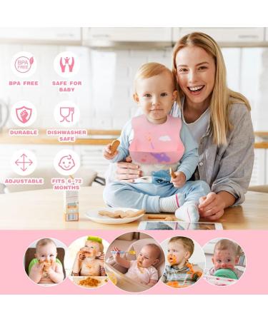 Vicloon Silicone Baby Bib 2PCS Baby Weaning Bibs Waterproof Baby Feeding Bibs Adjustable with Wide Food Catcher Pocket Unisex Toddler Bibs (Pink-Grey) - Buy Online on GoSupps.com