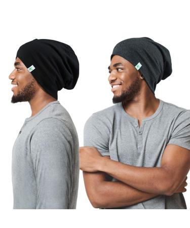 Sleep Cap-2Pcs Designed for Men with Natural Curly Wave Hair Satin Lined Gifts for Boyfriend Husband & Dad Medium Black With Grey