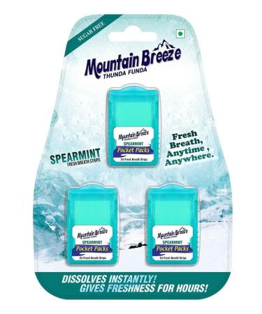 Mountain Breeze Oral Hygiene Mouth Freshener Sugar Free Spearmint Flavoured Breath Strips(24 Strips Each Cassatte)-Pack of 1(3 Cassette) 50 Grams