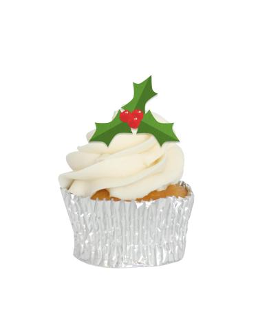 Edible Wafer Christmas Holly Pre-Cut Cupcake Toppers - 24pc