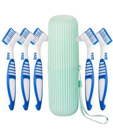 Anbbas 5pcs Double Bristle Head Denture Brush Dental Cleaning Brush with Portable Toothbrush Cup Holder, Properly Clean Oral Appliance