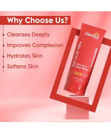 Clensta Red Aloe Vera Skin Glow Face Wash with 1% Niacinamide | Hydrating Facial Cleanser for Radiance & Soft Skin | 3.38 Fl Oz / 100ml - Buy Internationally - Buy Online on GoSupps.com