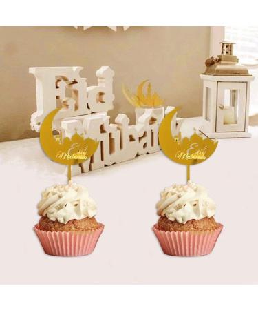 Eid Mubarak Cupcake Toppers 10pcs Eid Acrylic Cupcake Topper Ramadan Cake Decorations Kareem Party Supplies for Muffin Cake Gold - Buy Online on GoSupps.com