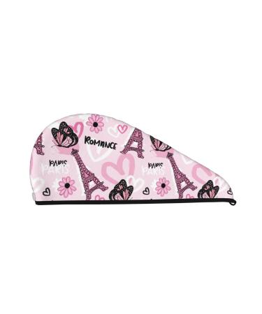 Hair Towel Wrap Hair Drying Towel with Button Towel Turban Head Towel to Dry Hair Quickly (Eiffel Tower and Butterflies)