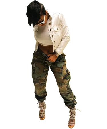 Vakkest Women's High Waist Cargo Camo Pants | Slim Fit Camouflage Joggers with Belt | Army Green XX-Large - Buy Online on GoSupps.com