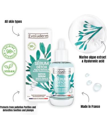 EVOLUDERM Detox Serum with Marine Algae and Hyaluronic Acid - 30 ml - 98% Natural Origin - Vegan - Made in France - Buy Online on GoSupps.com