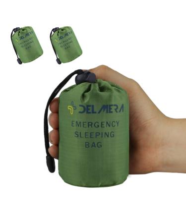 Delmera Emergency Sleeping Bag, Lightweight Survival Sleeping Bags Waterproof Thermal Emergency Blanket, Bivy Sack Survival Gear for Outdoor Adventure, Camping, Hiking, Orange, Green Green- 2 Packs