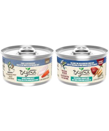 Beyond Wet Cat Food Trout & Catfish Pate - 85 g Can (12 Pack) & Wet Cat Food Wild Caught Tuna Wild Alaskan Cod & Carrot in Gravy - 85 g Can (12 Pack) Pate + Cat Food Brown