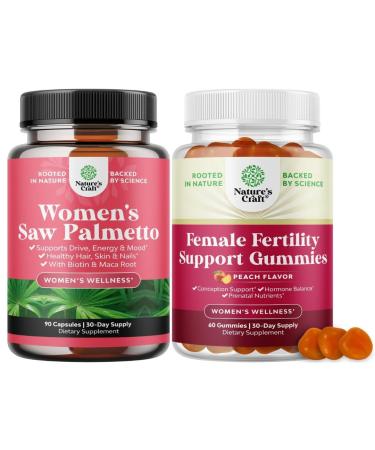 Bundle of Extra Strength Saw Palmetto for Women 500mg - Vitamins for Hair Loss with Maca Root & Biotin and Fertility Gummies for Women Trying to Conceive - Myo-Inositol Folic Acid & Vitex Chasteberry