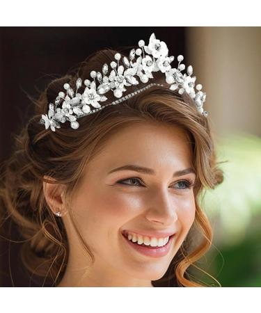 Zoestar Flower Wedding Tiaras and Crowns Silver Rhinestone Tiara Headband Pearl Leaf Princess Headwear Bridal Hair Accessories for Women - Buy Online on GoSupps.com