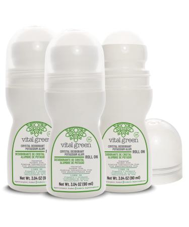 Vital Green Natural Roll On Deodorant of Potassium Alum For all Skin Types Unscented Mineral Deodorant For Men and Women - Eliminates bad odor and does not stain 3.04 Fl Oz / 90 ml (3 Units)