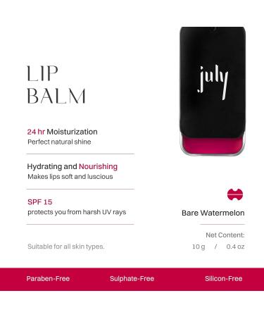 July Bare Watermelon Lip Balm | 24hr Moisturization & SPF 15 | Hydrate Dry & Chapped Lips | Jojoba & Sweet Almond Oil | Unisex | 10gm - Buy Online on GoSupps.com