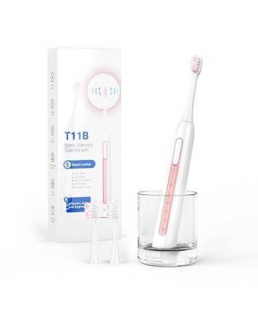 RTTTears Electric Toothbrush for Adults and Kids Rechargeable Sonic Toothbrushes 5 Optional Modes 3 Intensity Levels 3 Replacement Brush Heads(Pink) White