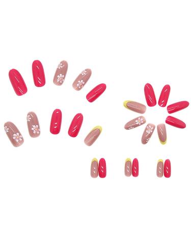 Justotry 24-Piece Short Press-On Nails Set | Yellow French & Red Acrylic Fake Nails with Flower Designs for Women & Girls - Buy Online on GoSupps.com
