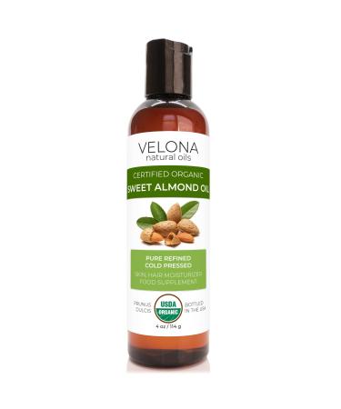 velona USDA Certified Organic Sweet Almond Oil - 4 oz | 100% Pure and Natural Carrier Oil | Refined  Cold Pressed | Skin  Hair  Body & Face Moisturizing | Use Today - Enjoy Results 4 Ounce