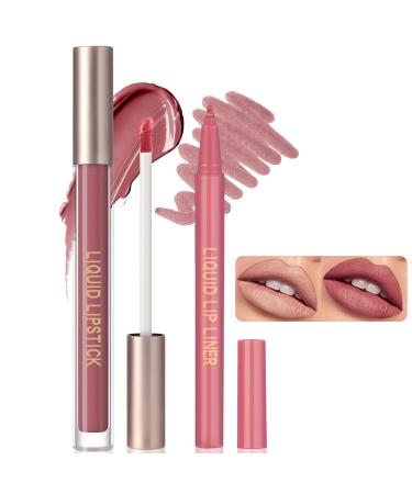 Matte Liquid Lipstick and Lip Tint Stain Marker Kit Waterproof Long Lasting Non-Stick Cup Lip Gloss and Lip Liner Pen Moisturizing Not Fade for Women Girls Makeup Natural Nude Color Set nude red