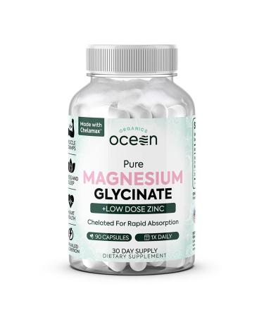 Organics Ocean Pure Magnesium Glycinate with Zinc - Maximum Strength Chelated Magnesium Supplement for Women and Men for Muscle Cramps and Sleep Support - 90 Capsule 90 Count (Pack of 1)
