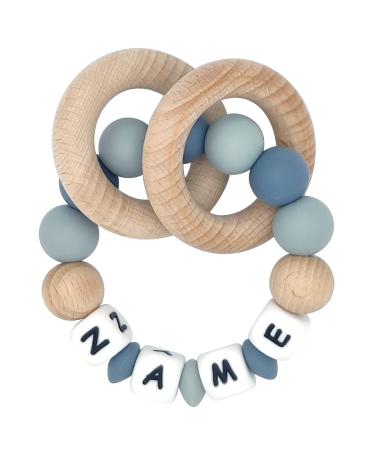 Personalized Name Wooden Rattle Rings for Baby Girls Boys Natural Organic Beech Wood Teething Toys Customizable (GreyW)