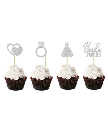 24 PCS Bride to Be Cupcake Toppers Bridal Shower Cupcake Picks Decors Engagement Wedding Bachelorette Party Cake Decorations Supplies Silver Glitter