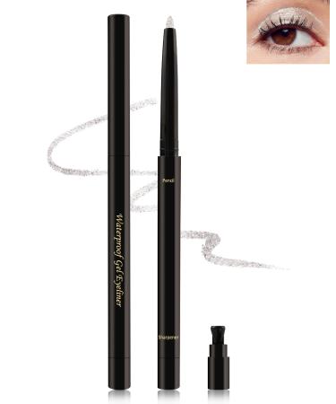 White Glitter Eyeliner Pencil Waterproof Smudge-Proof Long-Stay Retractable Eyeliner Pen Cream Gel Eyeliner Waterline with Sharpener Shimmer Highlighter Brightener Eye Liner Makeup Stick for Women 05# Pearl White