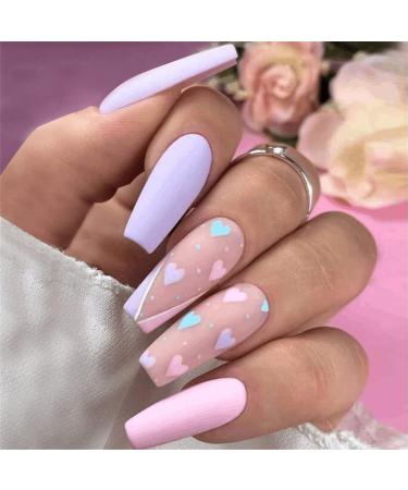 Long Fake Nail Full Cover with Glue Detachable Pink Blue Heart French Press on Nails 24 Pieces Finger Nail Art Tips for Nail Salons and Women DIY Nail Art