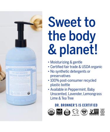 Dr. Bronner's Organic Sugar Soap (Baby Unscented, 64 oz) - Made with Organic Oils & Sugar, 4-in-1 Use for Hands, Body, Face, Hair - Moisturizing, Nourishing, Fragrance-Free - Buy Online on GoSupps.com