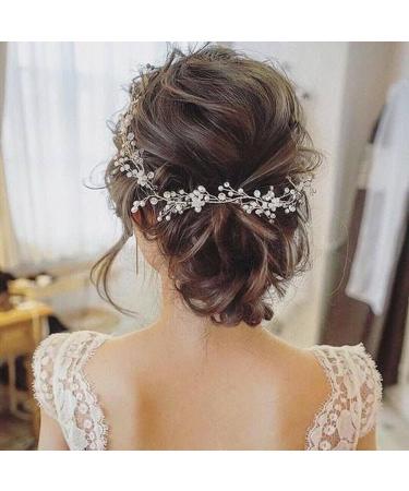 fdsmall Bridal Wedding Hair Vine Long Pearl and Crystal Beads Bride Head Piece Adjustable Rhinestone Headband Wedding Hair Barrette Hair Accessories for Bridal Women and Girls