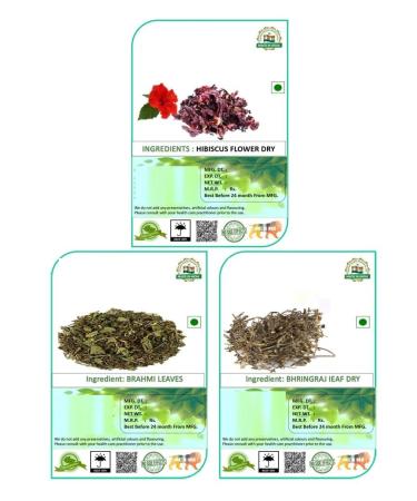 Pack of 3 dried Bhringraj Brahmi and Hibiscus flowers for hair growth and strengthening 300g