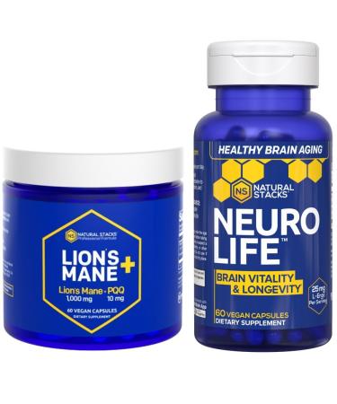 NATURAL STACKS Lions Mane+ Mushroom + NeuroLife Supplement Bundle - Supports Memory Vitality & Longevity - 120 Total Capsules