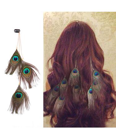 3PCS Handmade Peacock Feather Hippie Hair Extension Headdress Headband Bohemia Feather Hair Clips Comb Hairpin Headdress for Women
