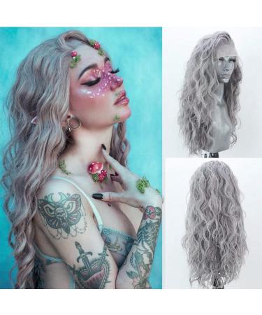 RONGDUOYI 24 Inch Silver Grey Long Curly Lace Front Wig for Women - Pre Plucked Natural Hairline, Glueless Daily Wear Costume Wig - Buy Online on GoSupps.com