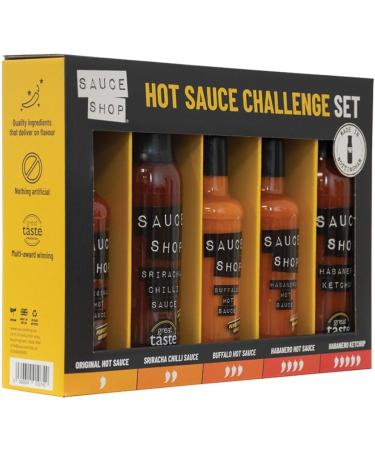 Sauce Shop Hot Sauce Challenge Gift Set - 1x Original Hot Sauce (160ml) 1x Sriracha Chilli Sauce (260g) 1x Buffalo Hot Sauce (160ml) 1x Habanero Hot Sauce (160ml) 1x Habanero Ketchup (255g) - Buy Online on GoSupps.com