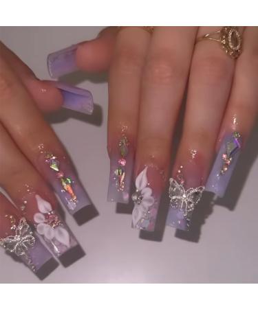 BABALAL Purple Press on Nails Long Square Fake Nails Butterfly Design Glue on Nails 3D Flower Charm Acrylic Nails 24Pcs Bling Squoval Luxury Full Cover False Nails CRJL07purple