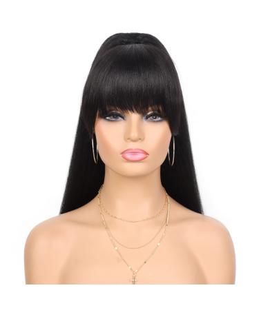 G&T Yaki Drawstring Ponytail with Bangs - Long Yaki Straight Ponytail Extension for Black Women Synthetic Hairpiece Clip in Ponytails Extension for Daily Party Use (1B, 24 inch) 24 Inch With Bangs-1B