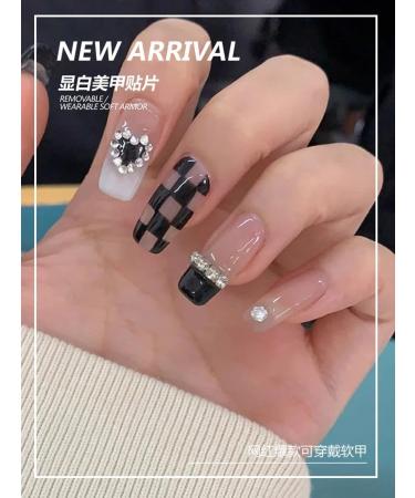24Pcs/Set Press On Nails Long Diamond Chain Heart Black White Checkerboard Pattern False Nails Acrylic Fake Nails Full Cover Nails Tips Artificial Finger Manicure Press on nails for Women and Girls - Buy Online on GoSupps.com