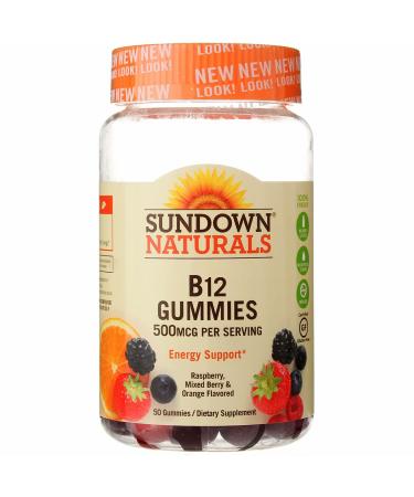 Sundown Naturals B12 Gummies - Raspberry Mixed Berry & Orange Flavored 500 mcg 50 Gummies