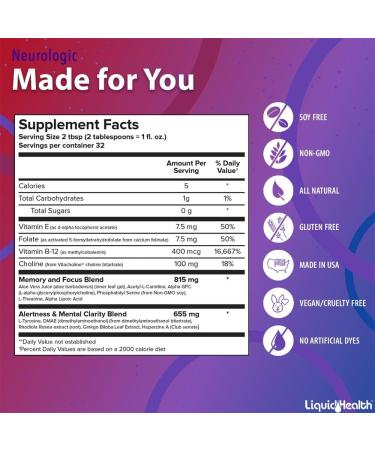LIQUIDHEALTH Neurologic Focus Supplement - Brain Booster Nootropic Supplement for Cognitive Function Memory & Focus with Ginkgo Biloba Choline L-Theanine & Phosphatidylserine - USA Made (32 oz) Pomegranate Berry - 32 Fl  - Buy Online on GoSupps.com