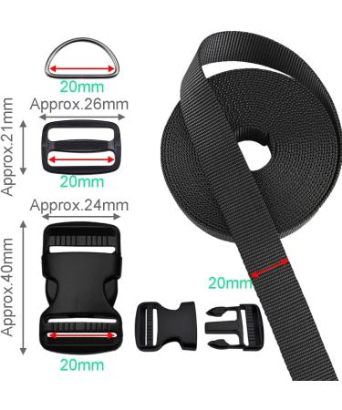 6 Yards Black Nylon Webbing Strap Set with Plastic Buckles, Tri-glide Slides, and Metal D Rings - 3/4 Inch - Buy Online on GoSupps.com