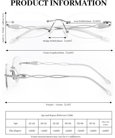Luff Frameless Reading Glasses for Men & Women - Stylish Borderless Metal Blue Light Blocking Anti-Eye Load 3.5x - 3PC Silver Set - Buy Online on GoSupps.com