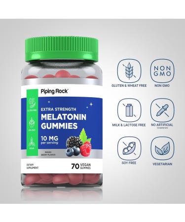Piping Rock Melatonin Gummies 10mg | 70 Vegan Adult Gummies | Berry Flavor | Non-GMO Gluten Free - Buy Online on GoSupps.com