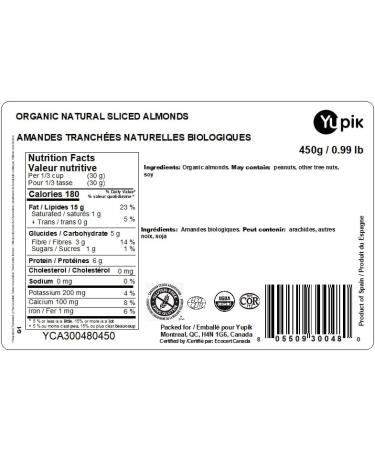 Yupik Organic Sliced European Almonds With Skins 450 g Unblanched Gluten-Free Kosher Raw Good Source Of Protein Fiber Iron & Calcium Low In Carb 0.45 kg (Pack of 1) - Buy Online on GoSupps.com