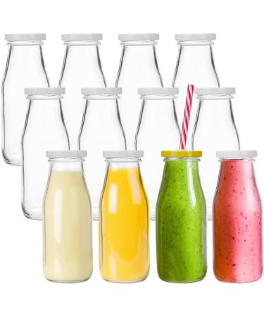 Lawei 12 Pack Smoothie Bottle Glass Juice Bottles Milk Liquor Bottles with 12 Reusable Straws and 24 Silver Lids - 325ml