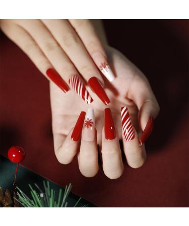 24Pcs Christmas Fake Nails - Red Press on Nails Coffin Ballerina Full Cover with Red Snow Design - with Nail Glue False Nails for Women Girls DIY Nail Manicure Red & White
