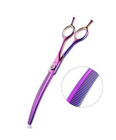 7 Inch Downward Curved Dog Grooming Scissors Thinning Texturizing Shears Professional Safety Blunt Tip Trimming Shearing for Dogs Cats Face Paws Limbs Japanese Stainless Steel Purple, Yellow