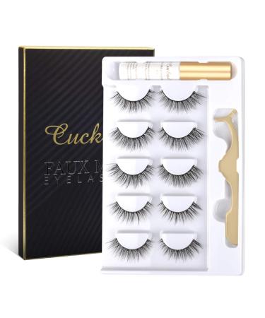 Cuckoo Eyelashes Lashes Pack,5 Pairs 3D Faux Mink Eyelashes with Eyelash Glue Kit,Natural False Eyelashes for Women,Reusable Makeup Soft Natural Look Fake Eyelashes Cuckoo Lashes Kit-04
