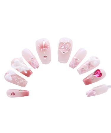 PN-008 Press-On Nails Lacquered 10 Pieces Reusable False Nails Glamour Rhinestones Ballerina Heart Cute Pink