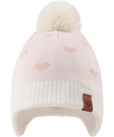 XIAOHAWANG Knitted Baby Hat with Fleece Lining and Pompom - White Heart Design | Toddler Kids Beanie for Winter | 2-4 Years - Buy Online on GoSupps.com